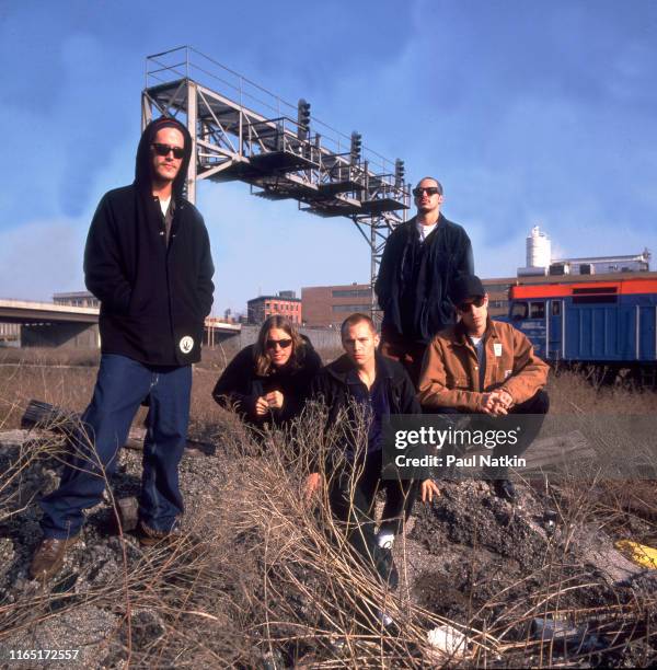 Portait of the members of American Rock group 311 as they poses outdoors, Chicago, Illinois, March 14, 1993. Pictured are Nick Hexum, Doug Martinez,...