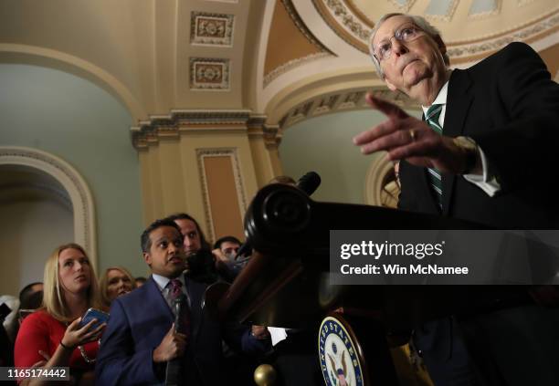 Senate Majority Leader Mitch McConell answers questions following the weekly Republican policy luncheon on July 30, 2019 in Washington, DC. McConnell...