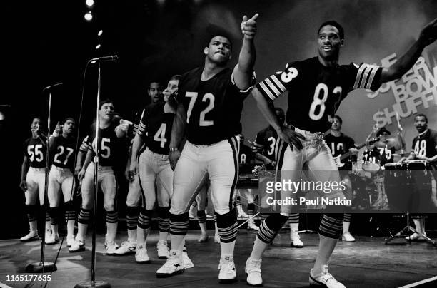 View of members of American football team the Chicago Bears during the recording the 'Super Bowl Shuffle' at the Park West, Chicago, Illinois,...