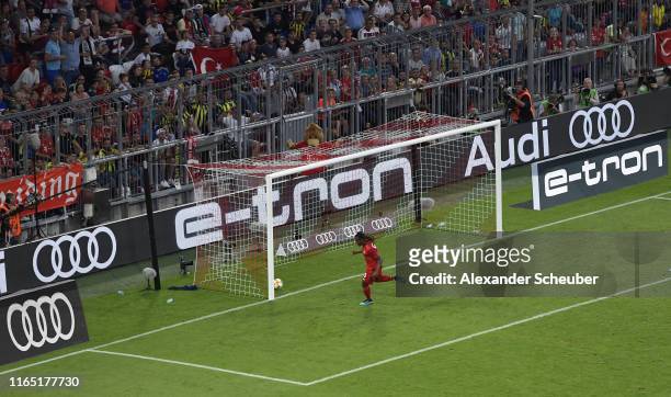 Renato Sanches of FC Bayern Muenchen celebrates after scoring his team's first goal during the Audi cup 2019 semi final match between FC Bayern...