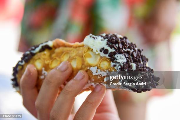 sicilian cannoli with chocolate chips - cannoli stock-fotos und bilder