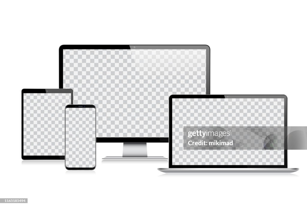 Tableta digital vectorial realista, teléfono móvil, teléfono inteligente, ordenador portátil y monitor de ordenador. Dispositivos digitales modernos