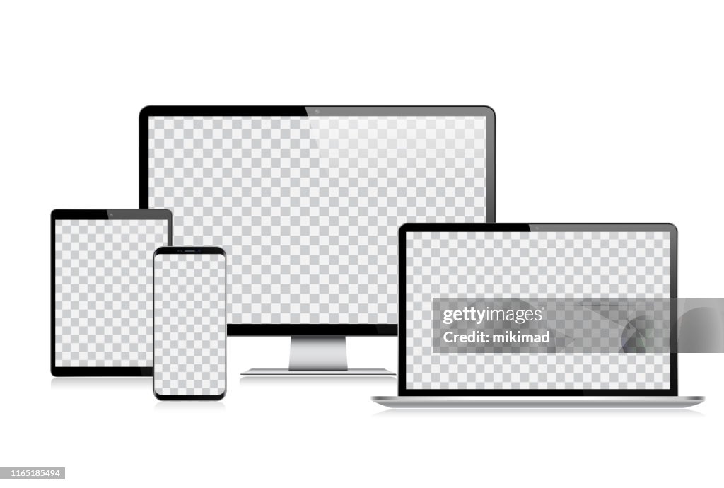 Tablette numérique vectorielle réaliste, téléphone mobile, téléphone intelligent, ordinateur portable et moniteur d'ordinateur. Appareils numériques modernes