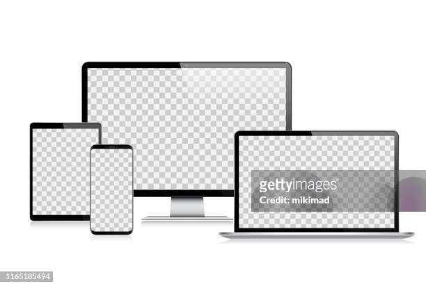 illustrations, cliparts, dessins animés et icônes de tablette numérique vectorielle réaliste, téléphone mobile, téléphone intelligent, ordinateur portable et moniteur d'ordinateur. appareils numériques modernes - ordinateur