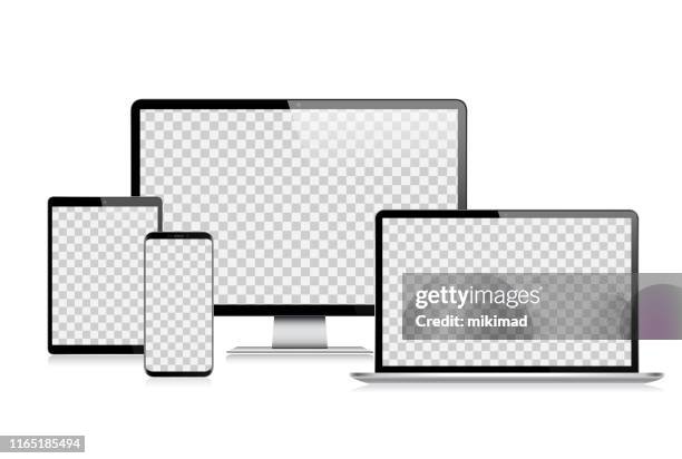 ilustrações de stock, clip art, desenhos animados e ícones de realistic vector digital tablet, mobile phone, smart phone, laptop and computer monitor. modern digital devices - smart devices