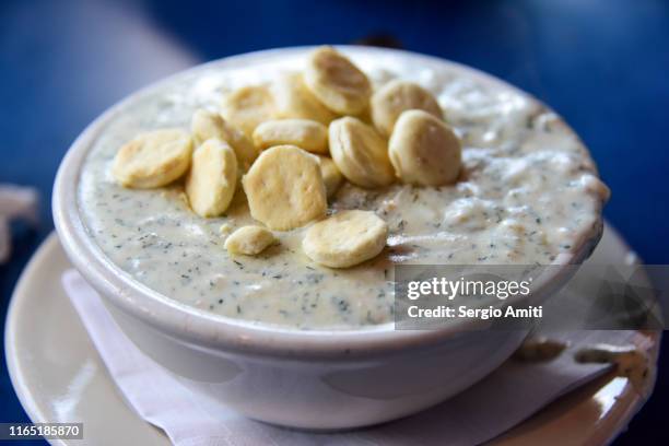 boston clam chowder with oyster crackers - clam chowder stock pictures, royalty-free photos & images