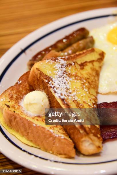 french toast with egg and bacon - pain perdu stock pictures, royalty-free photos & images