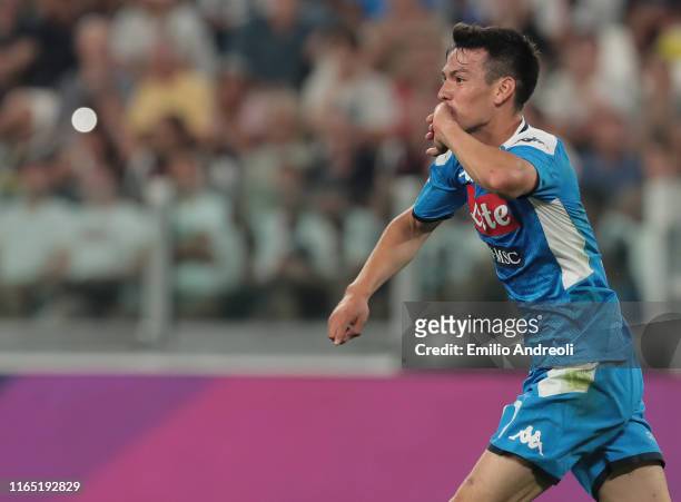 Hirving Lozano of SSC Napoli celebrates the second goal of his team during the Serie A match between Juventus and SSC Napoli at Allianz Stadium on...