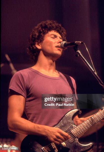 American New Wave musician Jerry Harrison, of the group Talking Heads, performs onstage at the Park West, Chicago, Illinois, August 23, 1978.