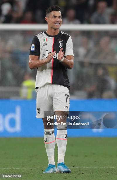 Cristiano Ronaldo of Juventus celebrates scoring the third goal of his team during the Serie A match between Juventus and SSC Napoli at Allianz...