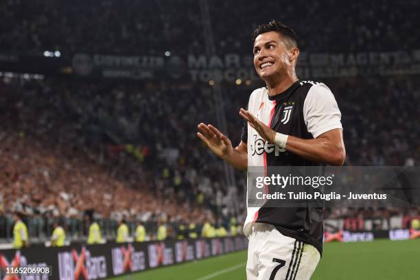 Cristiano Ronaldo of Juventus celebrates after scoring the goal of 3-0 during the Serie A match between Juventus and SSC Napoli at Allianz Stadium on...