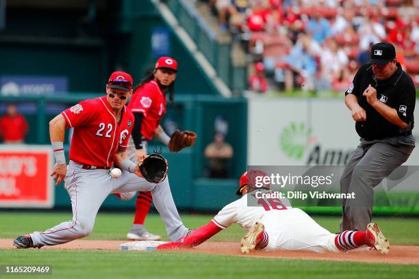 Kolten Wong of the St. Louis Cardinals steals second base against Derek Dietrich of the Cincinnati Reds in the fourth inning during game one of a...