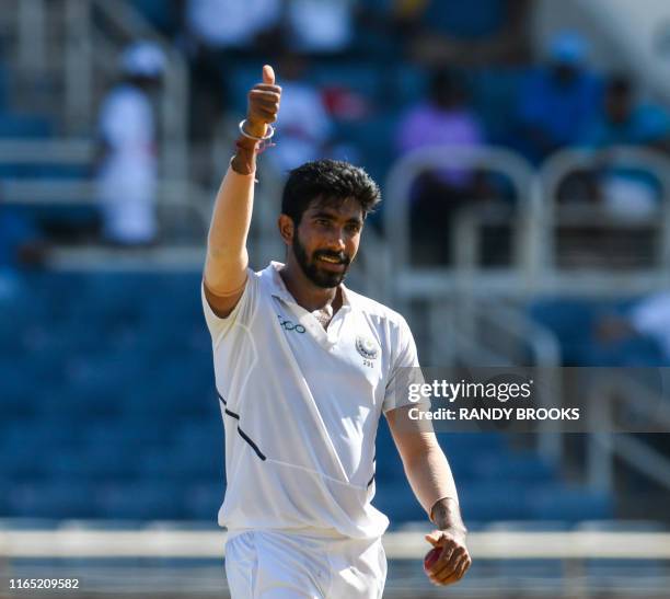 Jasprit Bumrah of India celebrates taking 5 wicket during day 2 of the 2nd Test between West Indies and India at Sabina Park, Kingston, Jamaica, on...