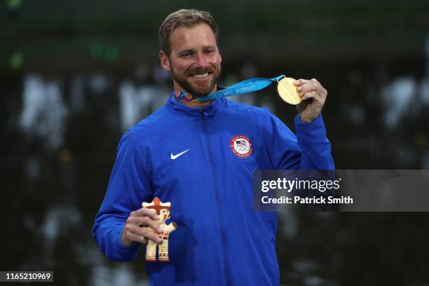 Andrew Adkinson of the United States celebrates gold medal in the Men's wakeboard final on Day 4 of Lima 2019 Pan American Games at at Laguna Bujama...