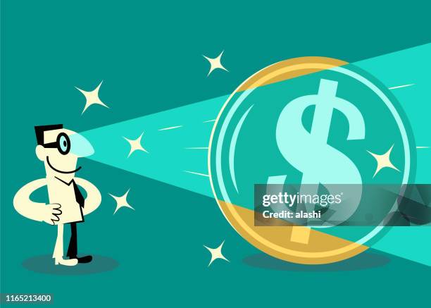 businessman shooting laser beams from his eyes at a dollar sign currency - monetary policy stock illustrations