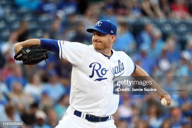 Starting pitcher Mike Montgomery of the Kansas City Royals pitches during the 1st inning of the game against the Toronto Blue Jays at Kauffman...