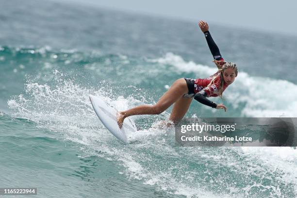 Samantha Sibley of the United States competes in the 2019 VANS US Open of Surfing at Huntington State Beach on July 30, 2019 in Huntington Beach,...