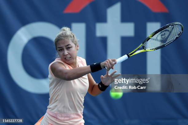 Zarina Diyas of Kazakhstan returns a shot to Cori Gauff of the United States during Day 2 of the Citi Open at Rock Creek Tennis Center on July 30,...