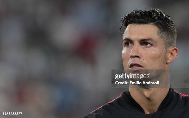 Cristiano Ronaldo of Juventus looks on prior the Serie A match between Juventus and SSC Napoli at Allianz Stadium on August 31, 2019 in Turin, Italy.