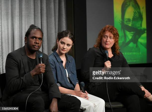 Baykali Ganambarr, Aisling Franciosi, and Jennifer Kent speak onstage at SAG-AFTRA Foundation Conversations with "The Nightingale" at SAG-AFTRA...
