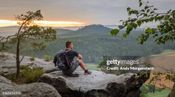 walker resting on top of a rock - elbsandsteingebirge stock-fotos und bilder