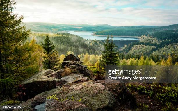 view from rocks to dam flaje - saxony stock pictures, royalty-free photos & images