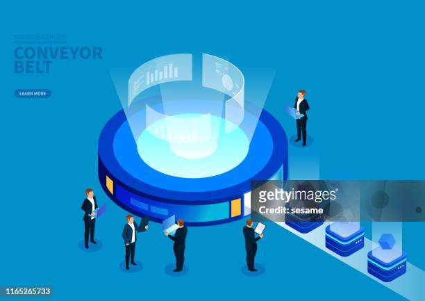 the process of production and analysis of data on a conveyor belt - big data isometric stock illustrations