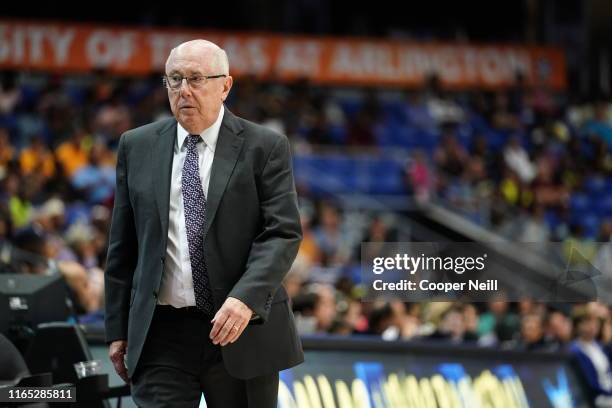 Mike Thibault of the Washington Mystics looks on during the game against the Dallas Wings on August 31, 2019 at the College Park Arena in Arlington,...