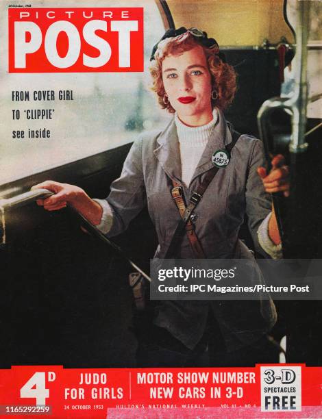 Bus conductor Eileen Cavalla is featured for the cover of Picture Post magazine. Original Publication: Picture Post Cover - Vol 61 No 04 - pub. 1953.