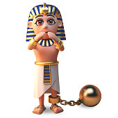 Pharaoh Tutankhamun character is hindered by a gold ball and chain, 3d illustration