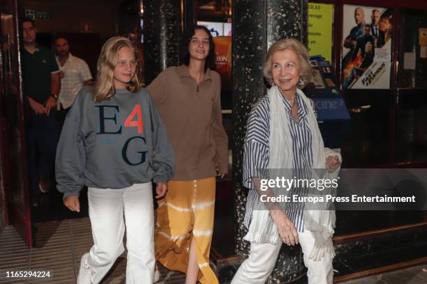 Queen Sofia, Victoria Federica de Marichalar and Irene Urdangarin leave the Rivoli cinema on July 30, 2019 in Palma de Mallorca, Spain.