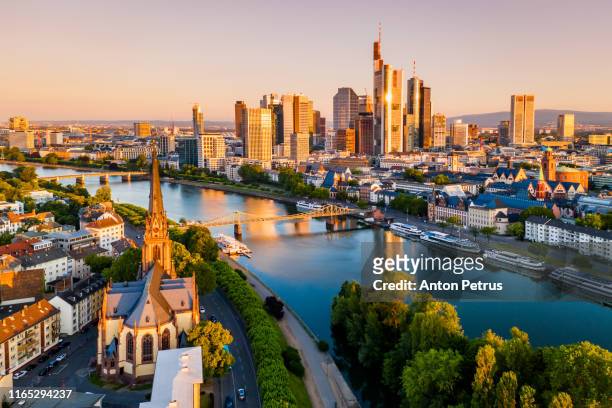 cityscape of frankfurt am main at sunrise. aerial view - hesse germany stock-fotos und bilder
