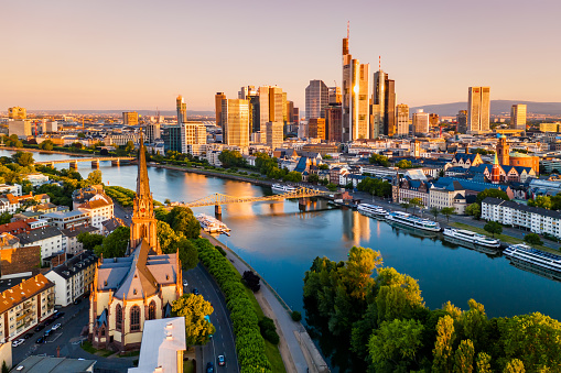 Cityscape of Frankfurt am Main at sunrise. Aerial view