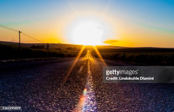 sunrise align with the road stripes (read line markings) so well in r614 to wartburg, south africa - pietermaritzburg - fotografias e filmes do acervo