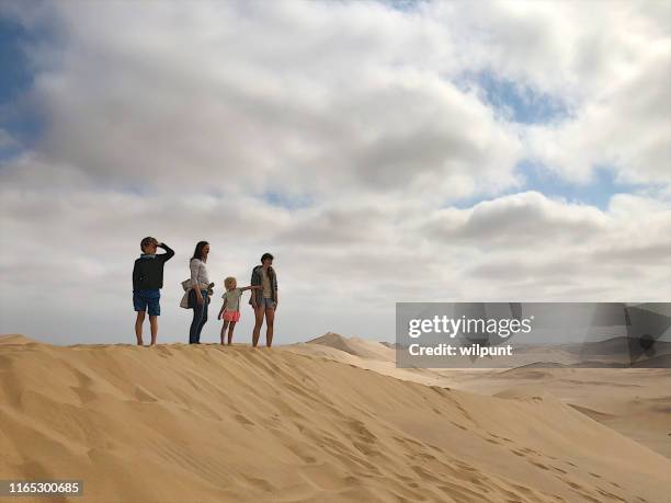 mutter mit 3 kindern auf einer sanddüne mit blick auf die - rural africa family stock-fotos und bilder