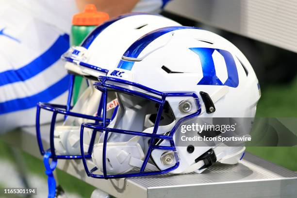 Duke football helmets on the sidelines during the Chick-fil-A Kickoff Game between the Alabama Crimson Tide and the Duke Blue Devils on August 31,...