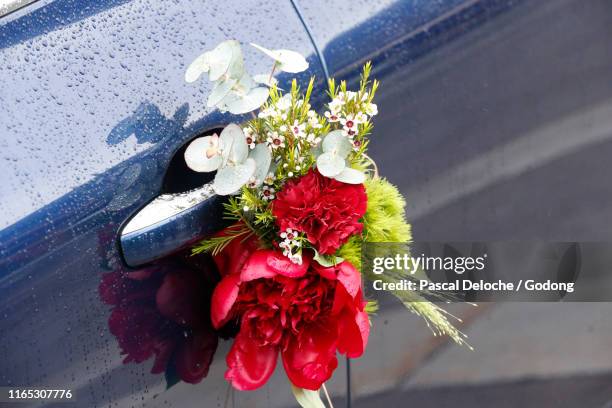 wedding car decorated with flowers.  france. - car decoration stock pictures, royalty-free photos & images