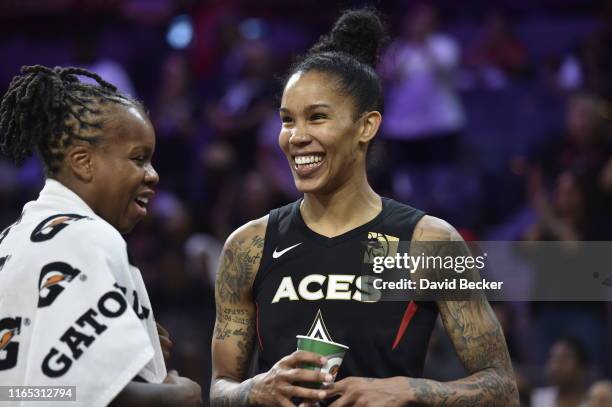Epiphanny Prince of the Las Vegas Aces and Tamera Young of the Las Vegas Aces shares a laugh after the game against the Los Angeles Sparks on August...