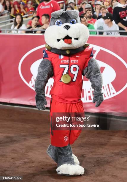 Fresno State Bulldogs mascot Victor E. Bulldog reacts to fans during the game against the USC Trojans on August 31 at the Los Angeles Memorial...