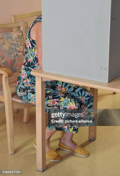 September 2019, Brandenburg, Calau: Kathrin Dannenberg, top candidate of the party Die Linke for the state elections in Brandenburg, votes in a...