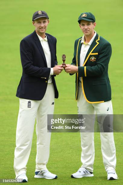 England captain Joe Root and Australia captain Tim Paine pictured holding the urn ahead of the First Ashes Test Match against Australia at Edgbaston...
