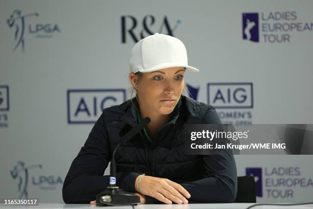 Melissa Reid of England speaks to the media during a press conference prior to the AIG Women's British Open at Woburn Golf Club on July 31, 2019 in...