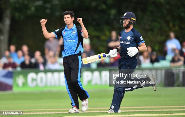 Pat Brown of Worcestershire celebrates as he gets Luis Reece of Derbyshire out during the Vitality Blast match between Worcestershire Rapids and...