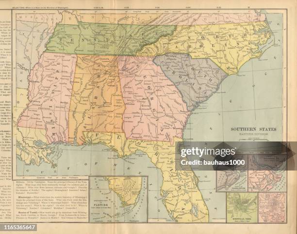 eastern southern states of the united states of america antique victorian engraved colored map, 1899 - state of alabama map stock illustrations