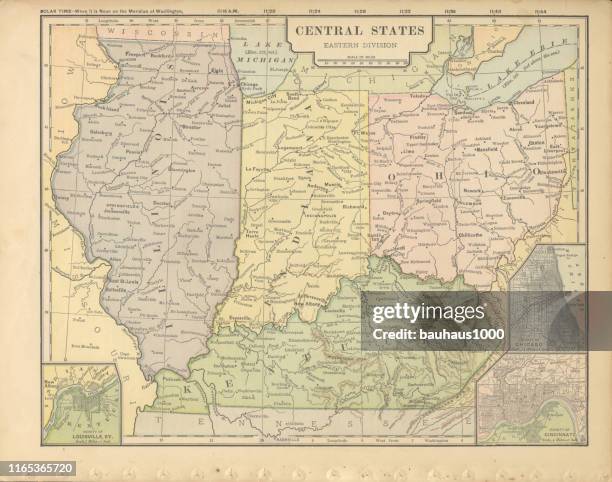 eastern central states of the united states of america antique victorian engraved colored map, 1899 - cincinnati map stock illustrations