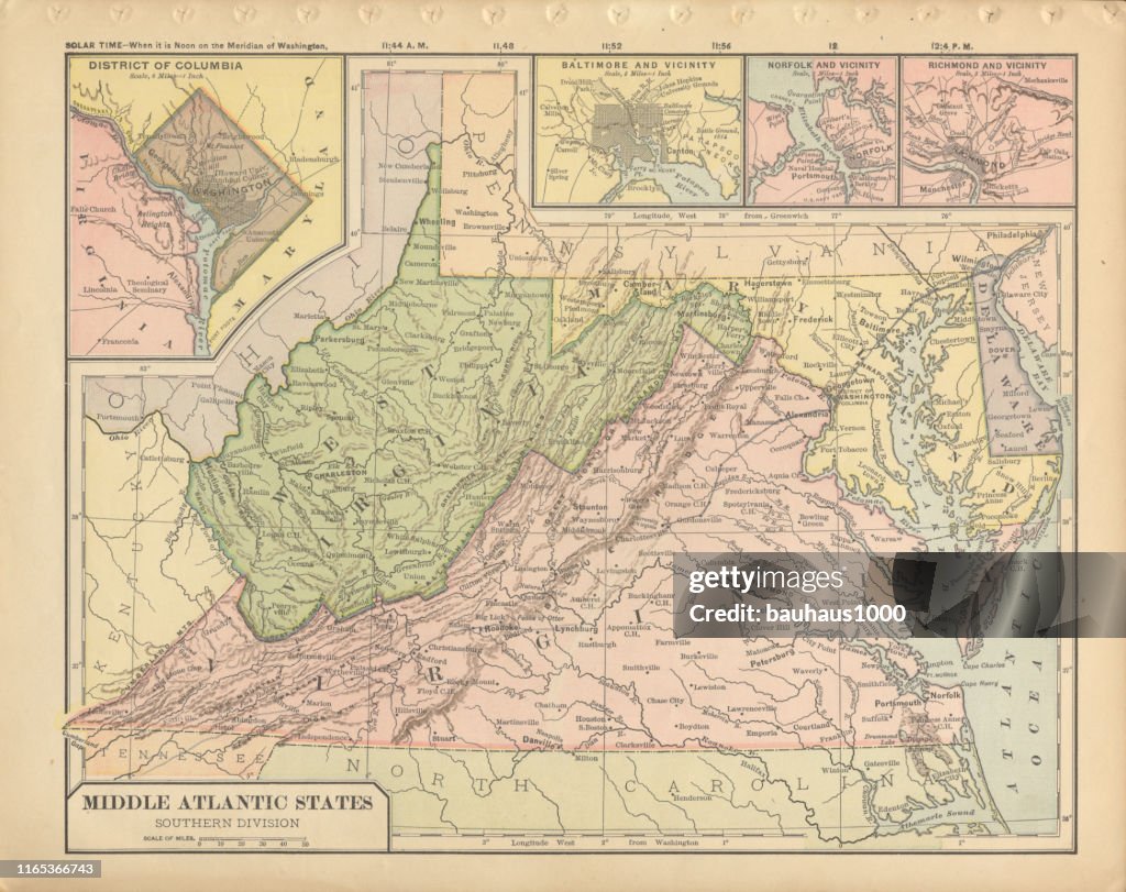 Zuidelijke Midden-Atlantische staten van de Verenigde Staten van Amerika antiek Victoriaanse gegraveerd gekleurde kaart, 1899