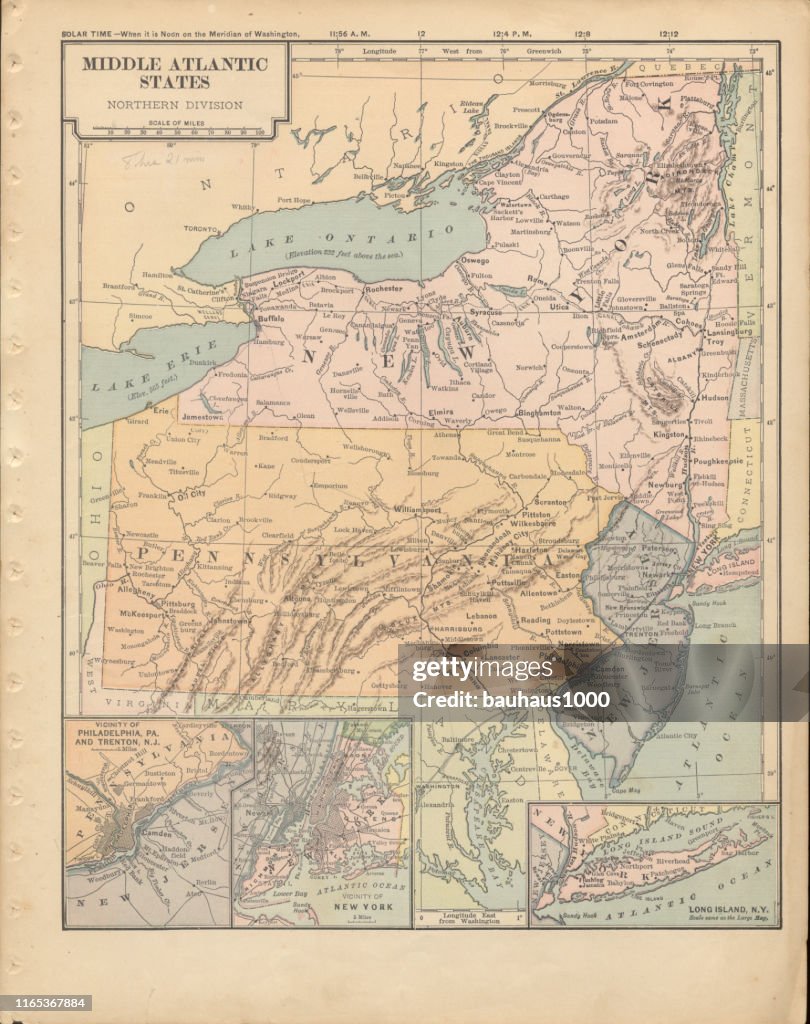 Northern Middle Atlantic States of the United States of America Antique Victorian Engraved Colored Map, 1899