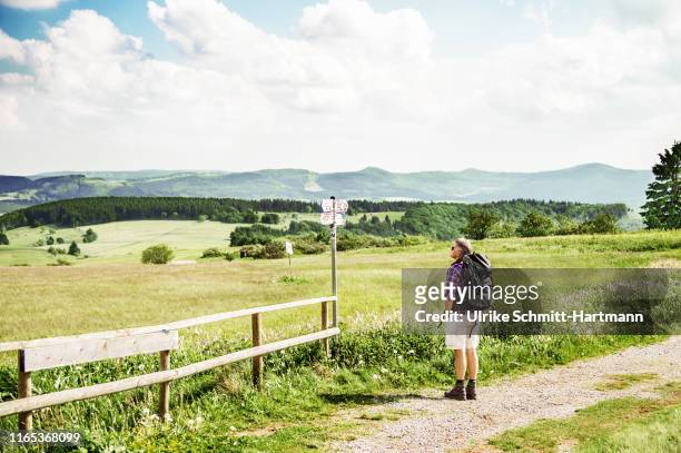 hiker with backpack, looking at signpost - hesse germany stock-fotos und bilder