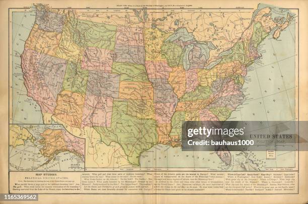 political map of the united states of america antique victorian engraved colored map, 1899 - united states map stock illustrations