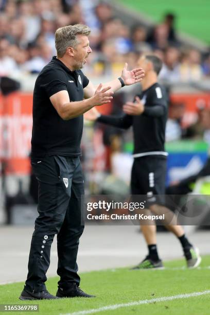 Head coach Head coach Sven Huebscher of Muenster reacts during the 3. Liga match between MSV Duisburg and Preussen Muenster at...
